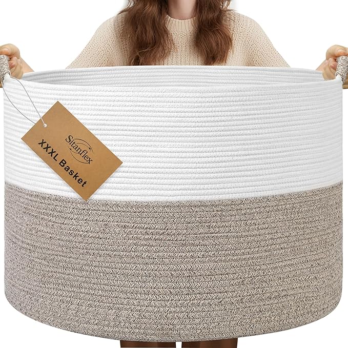 XXXL Large Blanket Basket for Living Room, 21.7" x 13.8" Woven Cotton Rope Laundry Hamper for Pillows, Towels & Toy Storage - Decorative Round Storage Basket with Handles for Nursery, Baby & Dog Toys by Sitanflex