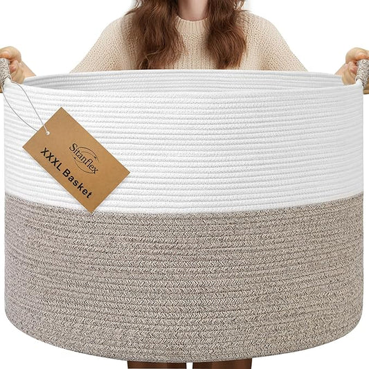 XXXL Large Blanket Basket for Living Room, 21.7" x 13.8" Woven Cotton Rope Laundry Hamper for Pillows, Towels & Toy Storage - Decorative Round Storage Basket with Handles for Nursery, Baby & Dog Toys by Sitanflex