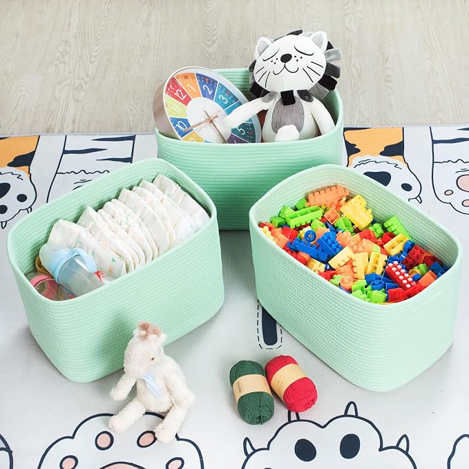 3-Pack Decorative Woven Storage Baskets for Shelves, Cube Bin Box for Organizing Books, Shoes, Dog Toys, Pantry Closet and Living Room Organizer, Mint - Image 5