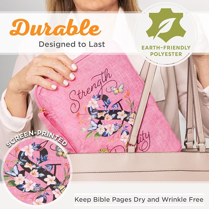 Christian Art Gifts Polyester Canvas Bible Cover for Women w/Zippered Pocket & Pen Storage: Strength & Dignity - Proverbs 31:25 Inspirational Bible Verse Carry Case, Pink Butterfly Floral, Large - Image 8