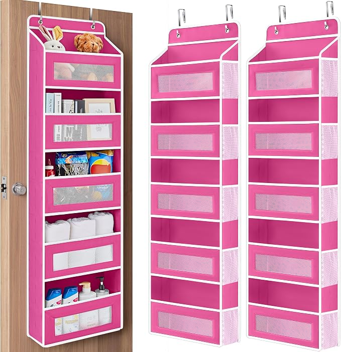 JARLINK Over the Door Organizer for Bathroom, 5 Shelf Rose Pink, 2 Pack | Anti-Tilt Design, 44 lb Load Capacity, Hanging Door Organizer with 5 Large Capacity Pockets, Behind Door Storage for Nursery by JARLINK