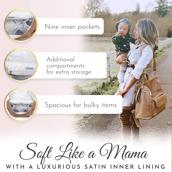 Large Diaper Bag Backpack by Luli Bebe - Designer Modern Vegan Leather Stylish Baby Backpack Diaper Bag for Mom, Multipurpose, Roomy, with Changing Pad (Latte Brown) - Image 4