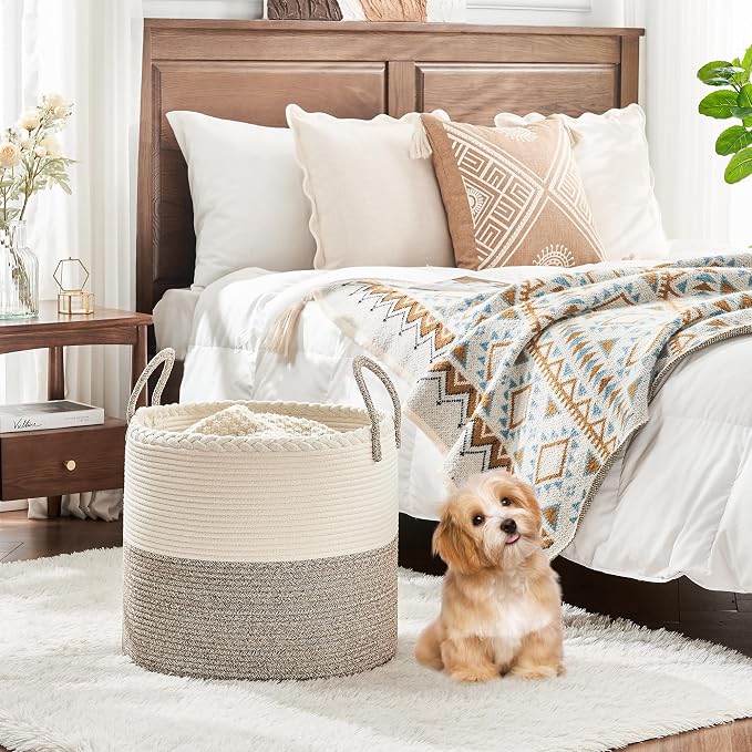 KAKAMAY Large Blanket Basket (18"x18"x16"),Woven Baby Laundry Hamper for Storage, Cotton Rope Blankets Baskets for Nursery, Laundry, Living Room, Pillows, Baby Toy chest with Handles (White/Beige) - Image 7