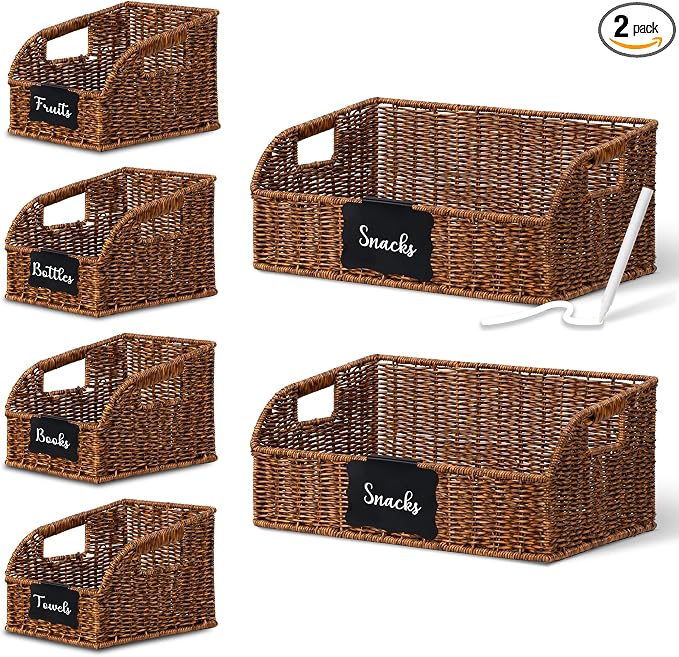 Brownlily Faux Wicker Pantry Storage Baskets, Brown-Double Set (6-Piece) | Handwoven Baskets for Organizing with Built-in Handles, All-Purpose Storage Baskets with Chalkboard for Shelves,Laundry Room by BROWNLILY
