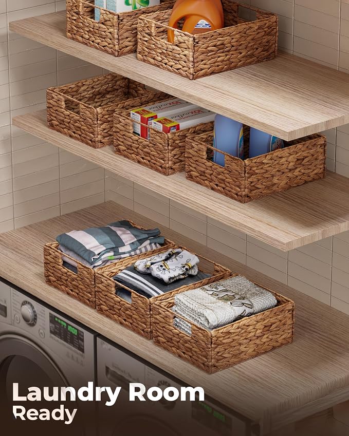 Bluewest Woven Water Hyacinth Storage Baskets with Handles, 6-Pack, Brown | Organizer and Laundry Basket with Carrying Handles, Designed as a Rattan Bin for Shelves, Closets and Household Essentials. - Image 3