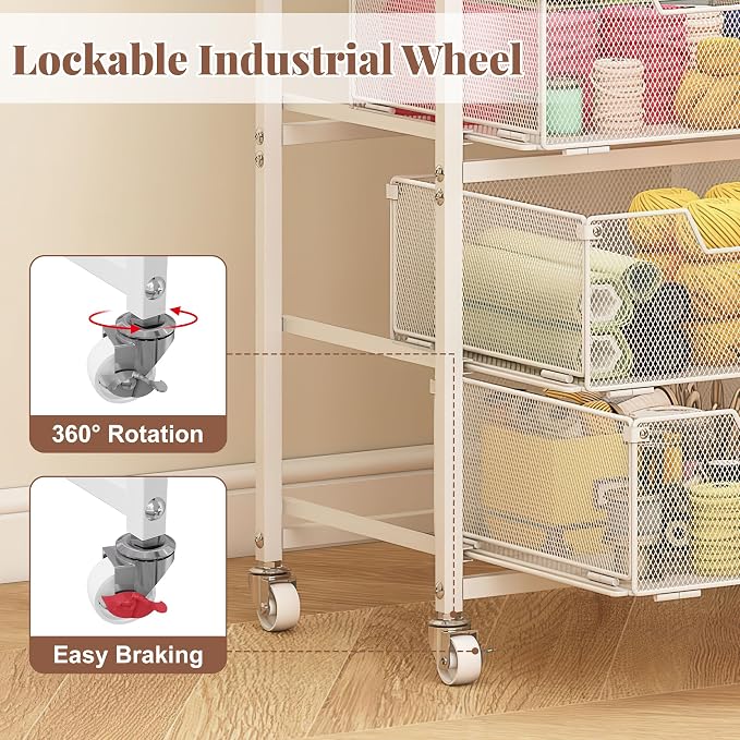 4-Drawer Rolling Storage Cart, Utility Cart with Drawers, White Metal Craft Cart Organizer with Wheels & Wooden Top, Art Supply Storage Organizer for Classroom, Office, Kitchen,Patent Pending - Image 4