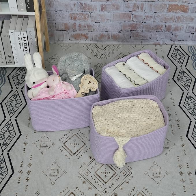 XUANGUO Woven Cotton Rope Storage Baskets 15x10x9.3" 3 Pack Purple Lavender | Decorative rectangular storage baskets for shelves and closets; storage bins organize clothes, toys, books and nursery items. - Image 5