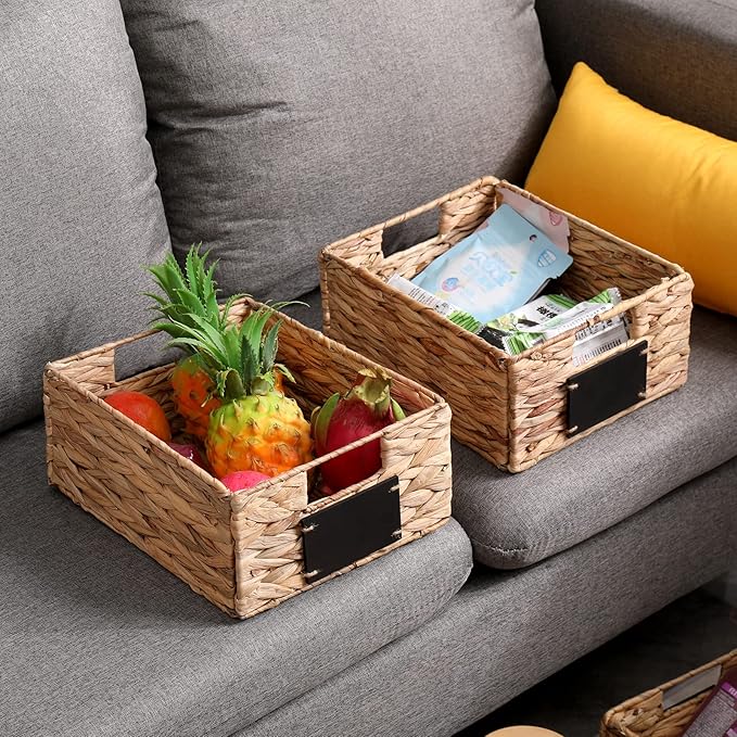 Woven Storage Baskets with Chalk Labels, 10.8x9x4.9 Inch, 4 Pack | Foldable Rectangular Water Hyacinth Organizers with Built-in Handles for Shelves, Pantry, Closet - Image 7