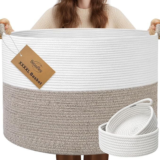 XXXXL 125L Extra Large Blanket Basket, 24.8" x 16" Jumbo Woven Basket (Includes 2 Cute Baskets), Cotton Rope Basket with Handle for Living Room, Baby Toys Nursery, Laundry, Home Decor (White/Brown) by Sitanflex