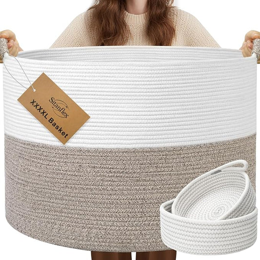 XXXXL 125L Extra Large Blanket Basket, 24.8" x 16" Jumbo Woven Basket (Includes 2 Cute Baskets), Cotton Rope Basket with Handle for Living Room, Baby Toys Nursery, Laundry, Home Decor (White/Brown) by Sitanflex