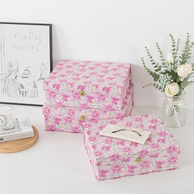 Soul & Lane - Pink Floral Boxes with Gold Hardware, Set of 3, Garden Blush | Stacking Keepsake Boxes with Lids for Home Decor and Organizing, Large Elegant Cardboard Gift and Memory Storage - Image 4