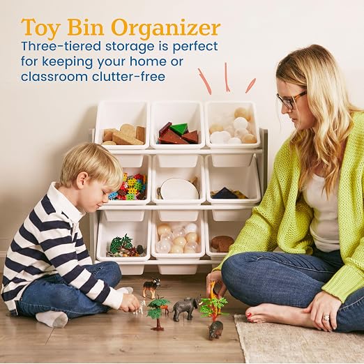 ECR4Kids 3-Tier Organizer with 9 Removable Plastic Bins, 3x3, Toy Storage, Grey/White | Durable plastic bins, MDF panels, steel frame, GREENGUARD Gold Certified, 27 lb capacity, anti-tip kit, playroom/classroom - Image 4