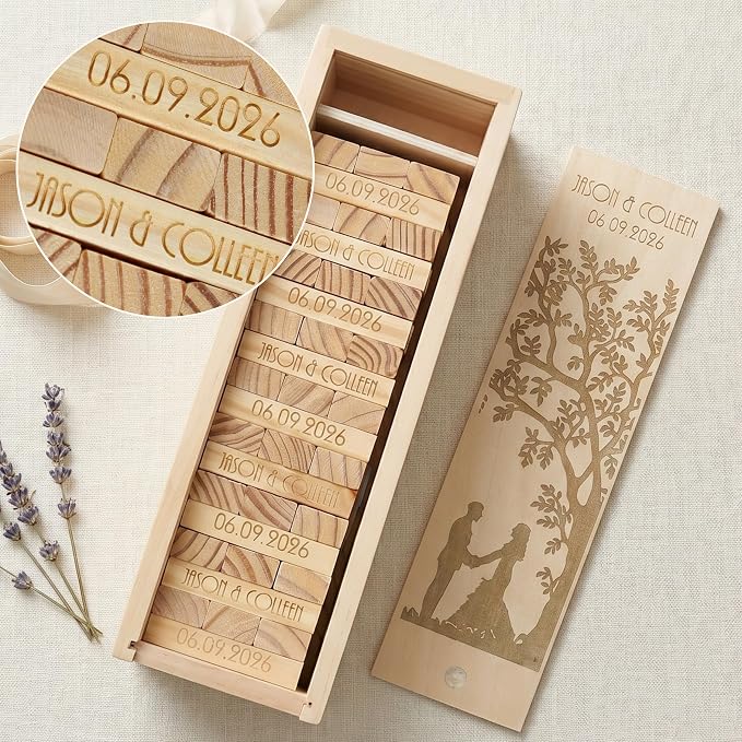 WE Games Personalized Guest Book Alternative, Wooden Memory Keepsake Box, 54 Blocks, Custom Engraved Couple with Tree - Engagement Party, Wedding Shower, Bachelorette Party - Image 3
