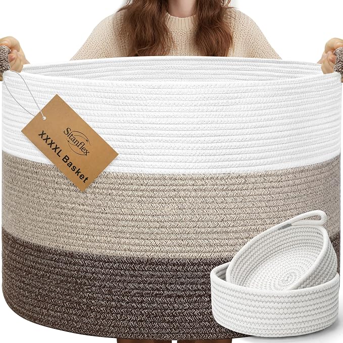 XXXXL 125L Extra Large Blanket Basket, 24.8" x 16" Jumbo Woven Basket (Includes 2 Cute Baskets), Cotton Rope Basket with Handle for Living Room, Baby Toys Nursery, Laundry (White/Gradient Brown) by Sitanflex