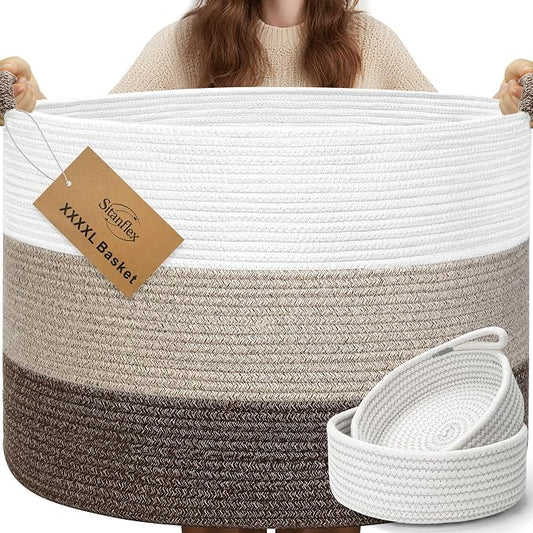 XXXXL 125L Extra Large Blanket Basket, 24.8" x 16" Jumbo Woven Basket (Includes 2 Cute Baskets), Cotton Rope Basket with Handle for Living Room, Baby Toys Nursery, Laundry (White/Gradient Brown) by Sitanflex