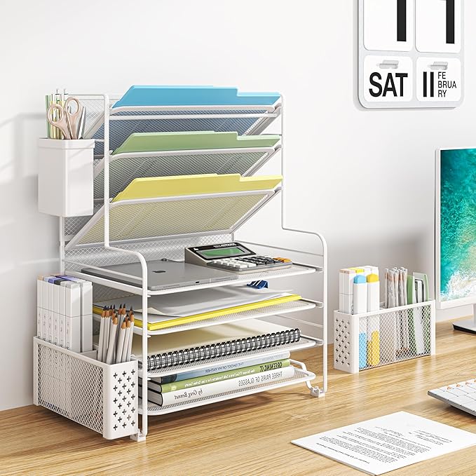 Simple Trending 7 Tier Desk File Organizer, Letter Tray Paper Organizer with Pen Holder and Metal Hanging Basket, White - Image 2