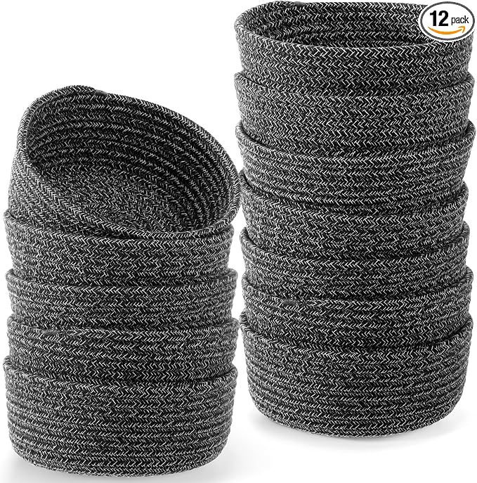 12 Pack Small Storage Basket Cute Natural Cotton Rope Woven Basket Tiny Boho Decorative Toy Storage Bin Gift Baskets for Home Organizing, Closet, Shelf, Nursery, Bathroom(Round,White Grey) by Yinkin