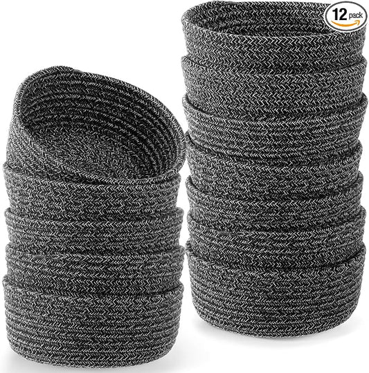 12 Pack Small Storage Basket Cute Natural Cotton Rope Woven Basket Tiny Boho Decorative Toy Storage Bin Gift Baskets for Home Organizing, Closet, Shelf, Nursery, Bathroom(Round,White Grey) by Yinkin