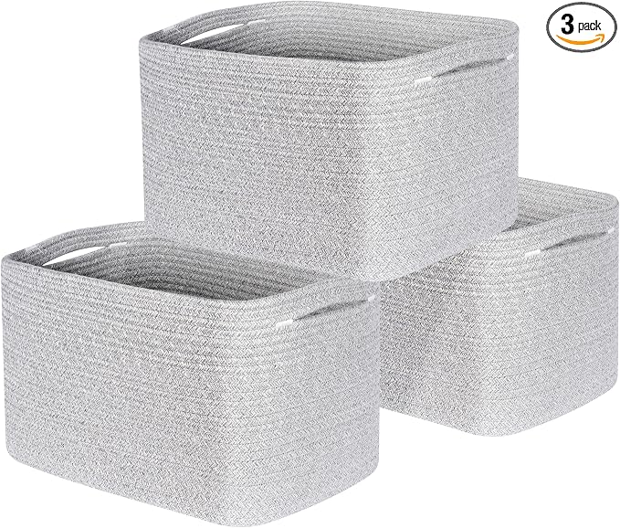 3-Pack Decorative Woven Storage Baskets for Shelves, Cube Bin Box for Organizing Books, Shoes, Dog Toys, Pantry Closet and Living Room Organizer, Light Gray Mix by MINTWOODDesign