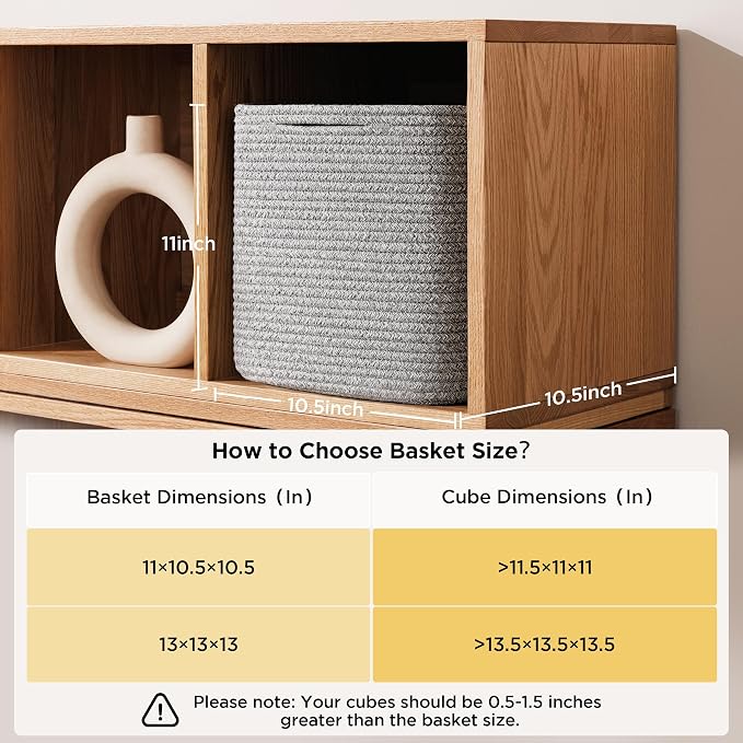 joybest 11inch Cube Storage Bins, Cotton Rope Woven Organizer Basket | Set of 4 Cube Bin Square Shelves Organizer Closet Storage, Nursery, Toy Organization, Grey - Image 2
