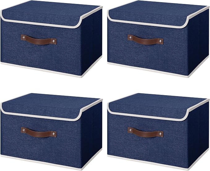 ANMINY Fabric Storage Box Bins with Lids, Blue, 13"x9"x7.9", 4 Pack | Keepsake Memory Storage, Cotton Linen, PP Board Reinforced, Washable, PU Handles, Foldable & Stackable, Decorative, Medium by ANMINY