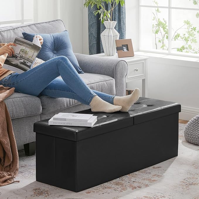 SONGMICS 43.3 Inches Folding Storage Ottoman Bench with Flipping Lid | Storage Chest Footrest Padded Seat, Iron Frame Support, Ink Black, MINOTA Collection ULSF75BK - Image 4