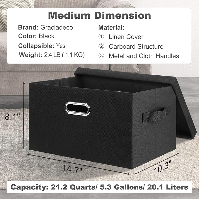 Graciadeco Medium 15" 21 Quart Collapsible Stackable Storage Bins with Lids, 3 Packs Black Foldable Fabric Closet Boxes Heavy-duty Lidded Linen Cube Basket Container Organizer and Storage for Bedroom | 21 Quart 3 Pack Black Collapsible Stackable Linen ... - Image 2