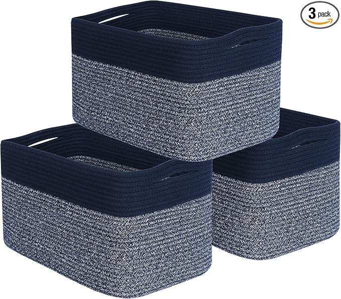 3-Pack Storage Baskets for Shelves, Playroom and Classroom, Book Basket, Decorative Storage Cube Bins, Woven Closet Organizers, Pantry and Shoe Organizer, Navy Blue by MINTWOODDesign