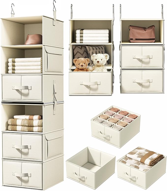 6-Shelf Hanging Closet Organizer with 3 Drawers, 2-in-1 Design, Beige | Converts into Two 3-Shelf Organizers, Foldable Drawers, Side Pockets, Ideal for Wardrobe, Nursery, Dorm & Closet Storage by Vailando