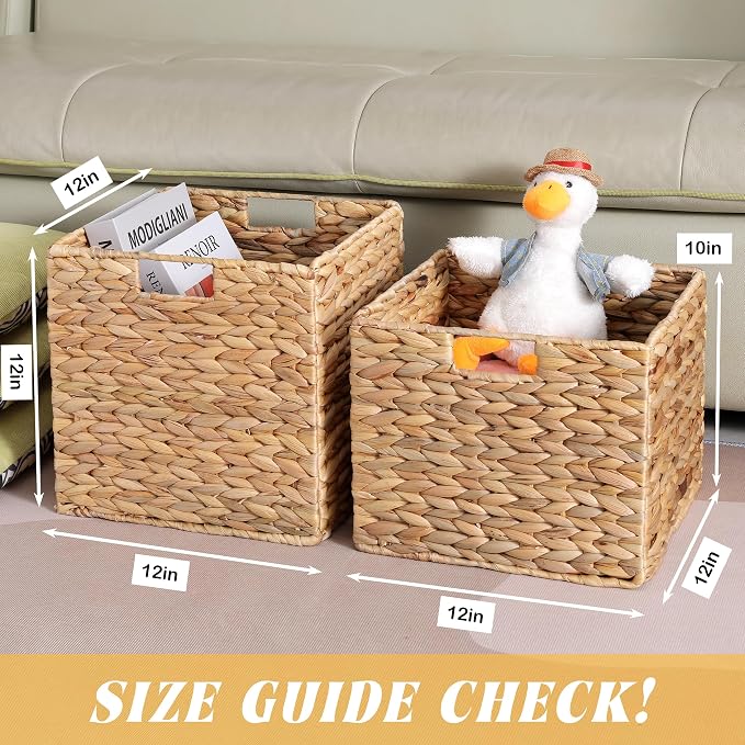 12x12x10in Water Hyacinth Storage Basket Large, Folding Cube Woven Wicker Storage Basket for Shelves, Pantry Baskets Organization and Storage, Kitchen Storage Baskets, Large Rattan Basket Set of 3 - Image 5