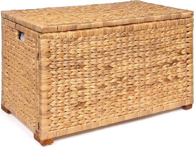 happimess HPM9005A Anada Wicker Weave 30" Storage Trunk, Wooden Frame/Water Hyacinth, Farmhouse, Transitional, Coastal, Rustic for Office, Dorm Room, Living-Room, Bedroom, Dining-Room, Natural | Solid Mahogany Construction, Collapsible Folds Flat, Remo... by Happimess