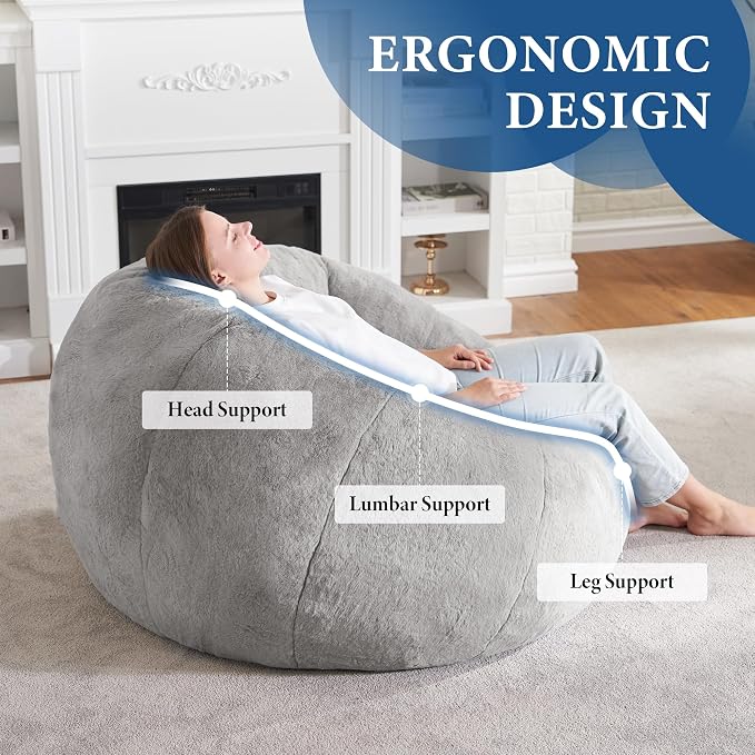 Hobestluk Large Beanbag Chairs for Adults Donut-Shaped Plush Sofa Couch | Grey, Oversized Bean Bag Chair with Faux Fur Cover Foam Filling Cozy Lounger for Bedroom Living Room Reading - Image 5