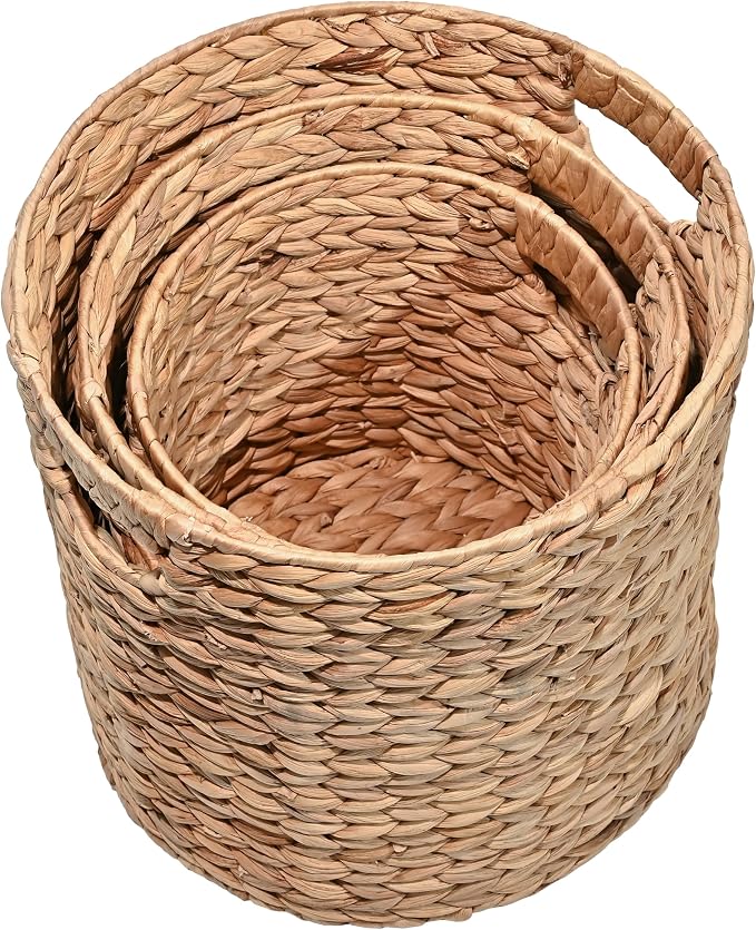 happimess Avery 3-Piece Cylinder Nesting Baskets 13", Natural | Hyacinth, Bohemian Cottage Style, Handwoven Wicker, Iron Metal Frame, Decorative Storage For Toys And Books, Built In Handles - Image 6