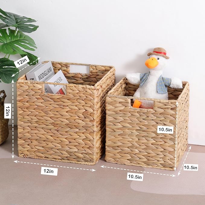 10.5x10.5 Water Hyacinth Storage Baskets, Collapsible Square Wicker Baskets Cube Storage Bins for 11 Inch IKEA Kallax, Set of 3 - Image 6