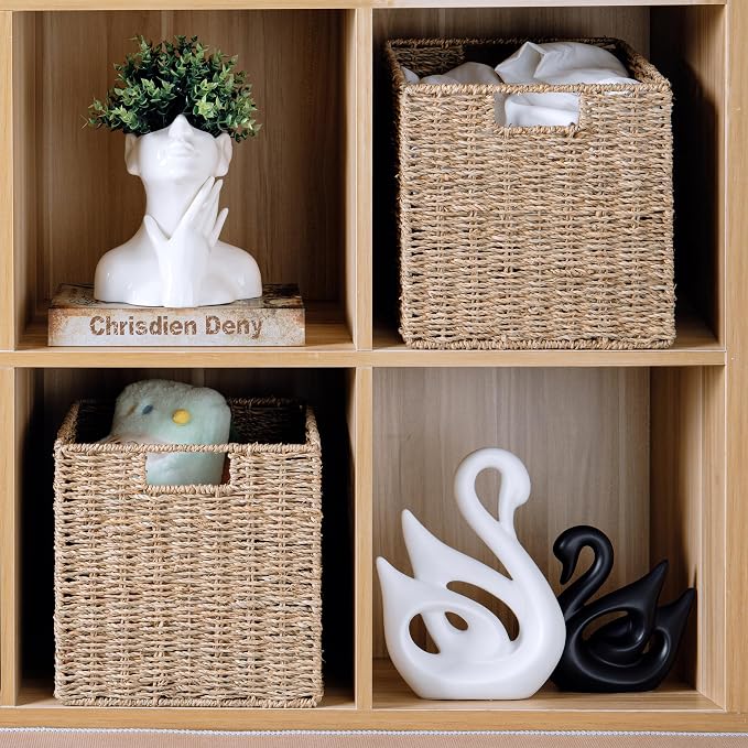 10.5 x 10.5in Cube Seagrass Storage Baskets, Foldable Square Wicker Storage Baskets for Shelves Set of 3, Large Cubby Rattan Basket, Collapsible Cube Storage Bins - Image 5