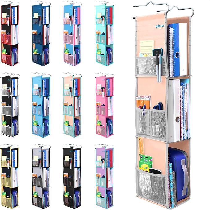 ABRA® 3 Shelf Hanging Locker Organizer for School, Gym, Work, Storage | Deep Shelves 6”x 9”| Eco-Friendly Fabric Healthy for Children | Adjustable School Locker Shelf 3 to 2 (Cozy Peach/Grey) by ABRA