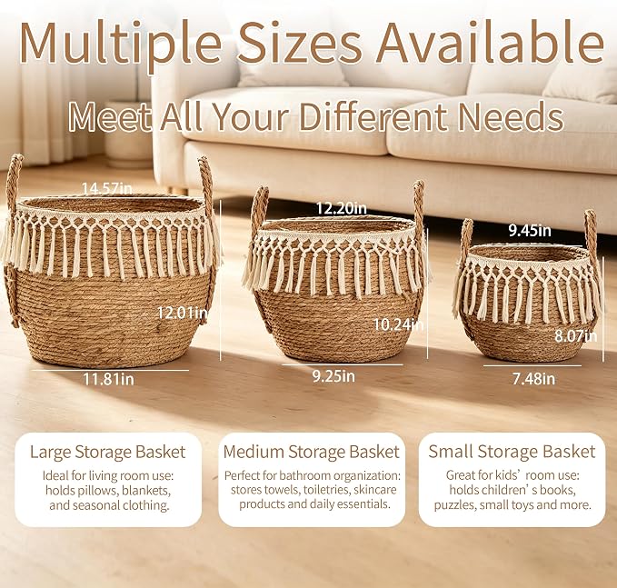 3 Pack Boho Woven Cattail Storage Basket, Belly Basket for Plant, puppy toy Toy & Home Storage, Decorative Organizer for Living Room, Bathroom & Gifting, 14", 12" & 9" - Image 3