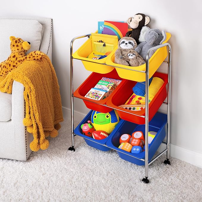 Seville Classics Rolling Utility Organizer Storage Cart, for Home Office, School, Classroom, Scrapbook, Hobby, Craft, 6-Bin, Multicolor - Image 8