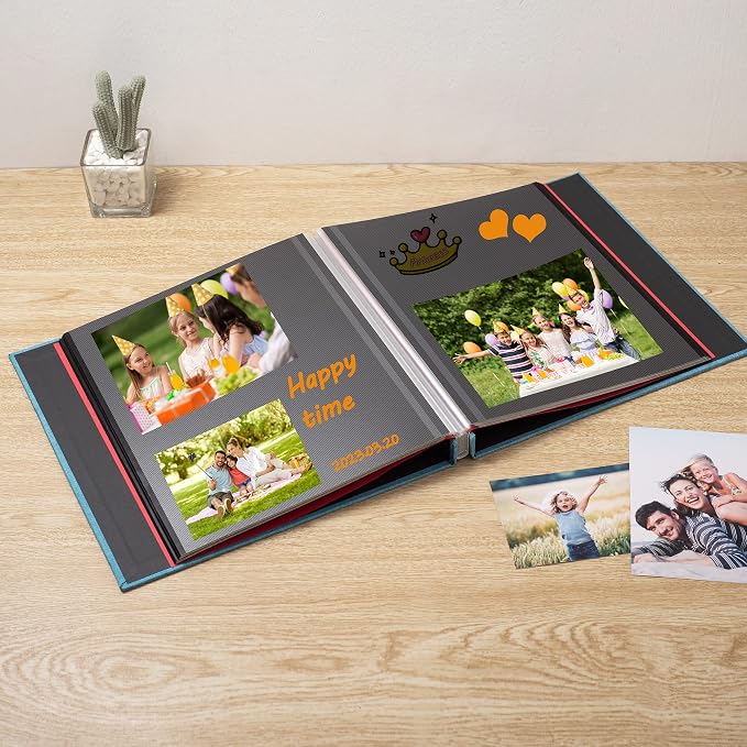 Large Photo Album Self Adhesive 4x6 8x10 10x12 13"x12.6" Scrapbook Album 12.6"x11" Inch 60 Black Sticky Pages Linen Cover Magnetic Photo Album with A Metallic Pen and DIY Stickers(Sky Blue) - Image 2