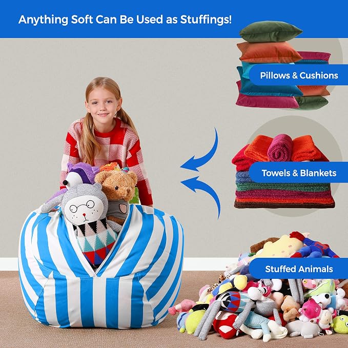 Aubliss Stuffed Animal Bean Bag Storage Chair | (Blue/White Striped, Medium (32'')) - Image 6