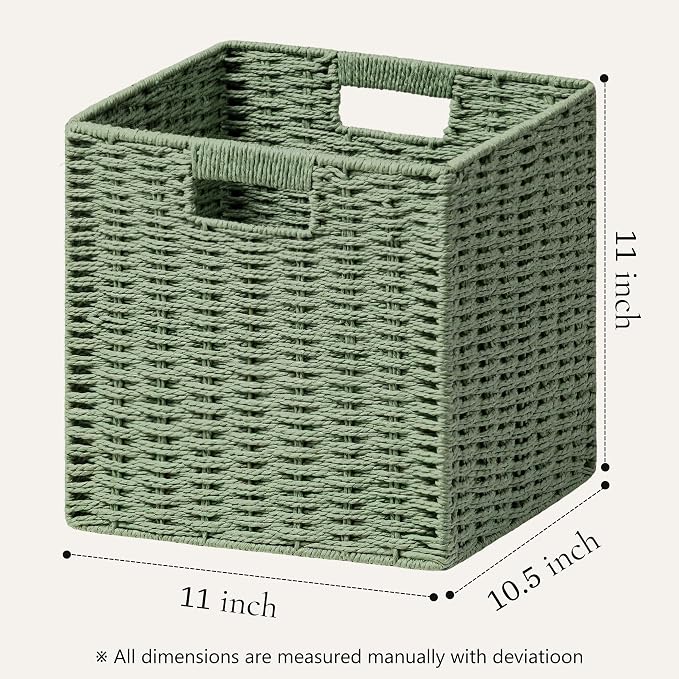UBBCARE 3 Pack Wicker Basket, 11L×11H×10.5W inch Woven Paper Rope Storage Baskets for Shelves, Foldable Cube Storage bin with Handle, Storage Basket for Organizing & Decor, Green - Image 2
