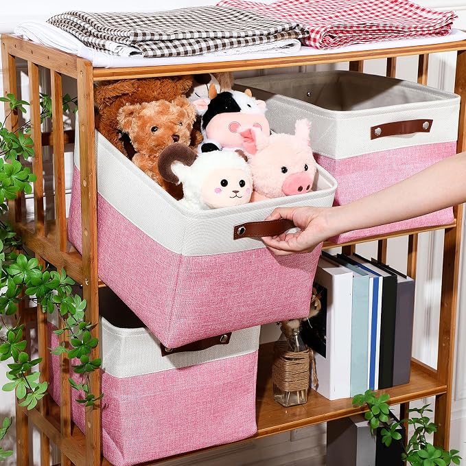 Uiifan 8 Pack 16 x 12 x 10 Inch Large Storage Baskets Collapsible Fabric Storage Cubes Bins with Handles for Shelves Closets Nursery Home Clothes Toys Organizers, Pink - Image 5