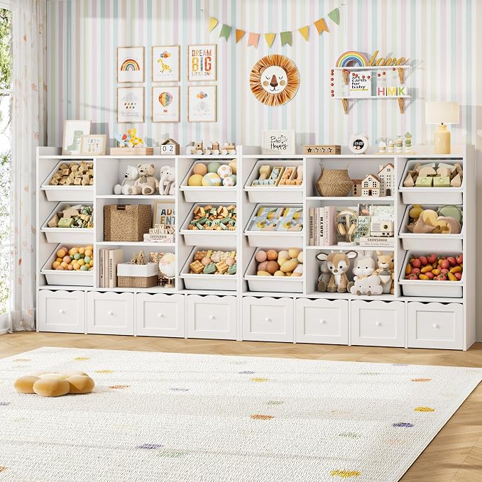HITHOS 55" W Kids Toy Storage Organizer with 10 Toy Box & Book Shelf, White | Large Toy Organizers and Storage with Kids Bookshelf & 6 Plastic Toy Chests & 4 Movable Drawers for Kids Room, Playroom - Image 6