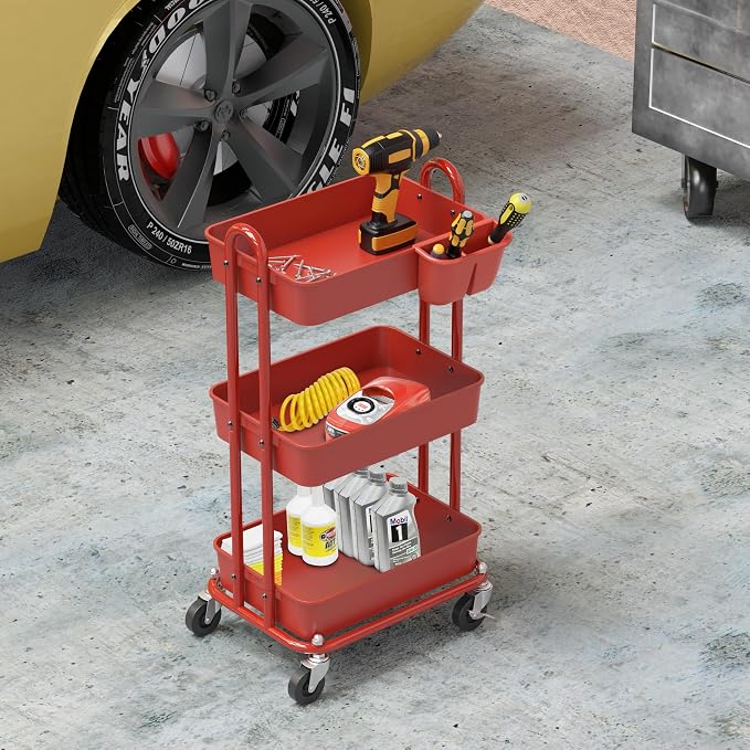 Simple Houseware 3-Tier Rolling Utility Cart with Hanging Bucket, Red | Storage for Bathroom, Kitchen, Office, Study Room, Nursery Diaper - Image 5