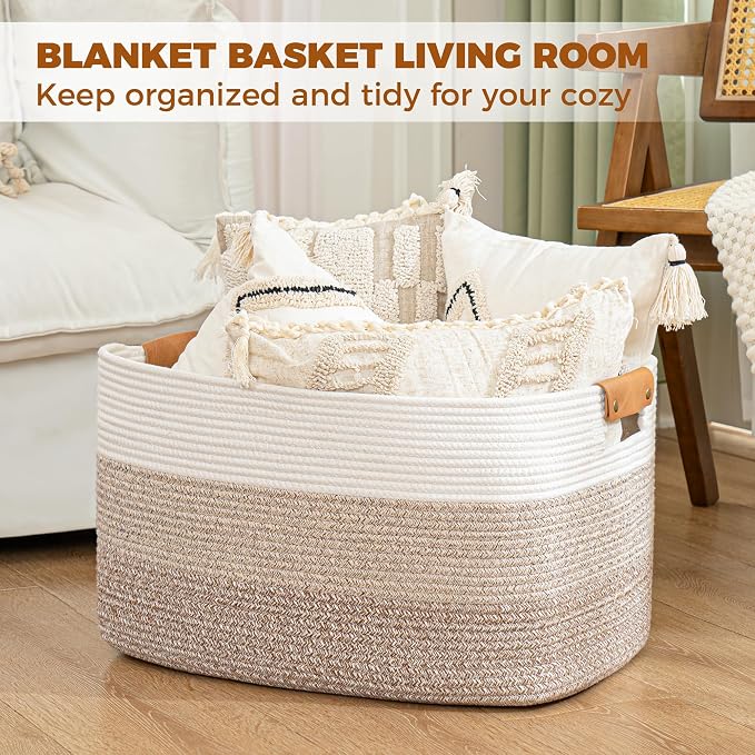 108L Large Blanket Basket for Living Room, Woven Storage Basket with Leather Handles, Cotton Rope Storage Organization in Nursery for Toys & Clothes 25 ''* 16 ''*16 '', Gradient Brown - Image 4