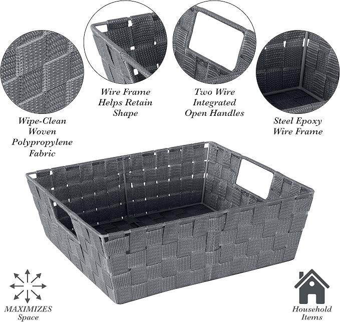 Simplify Large Shelf Woven Strap Tote | Decorative Storage Basket | Built in Handles | Organization | Closet | Bedroom | Bathroom | Nursery | Accessories | Toys | Gifts | 2 Pack | Grey - Image 3