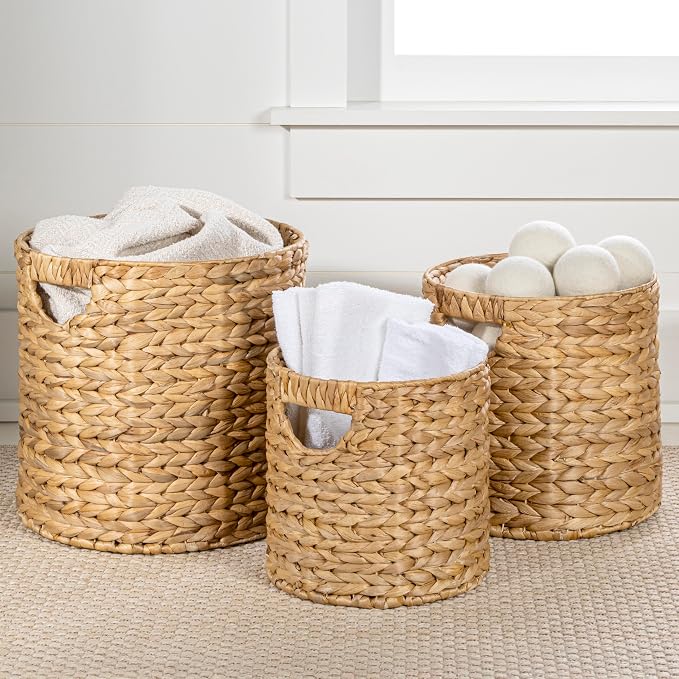 happimess Avery 3-Piece Cylinder Nesting Baskets 13", Natural | Hyacinth, Bohemian Cottage Style, Handwoven Wicker, Iron Metal Frame, Decorative Storage For Toys And Books, Built In Handles - Image 8