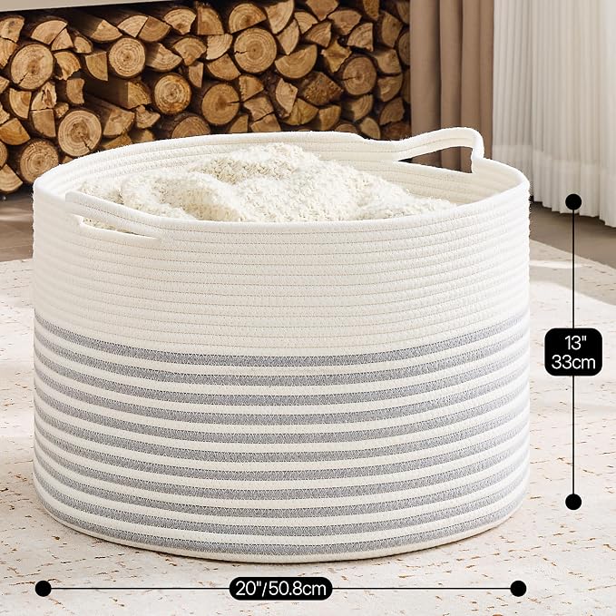 KAKAMAY Large Blanket Basket with Handles, Storage Basket for Living Room | Extra Large Capacity | Natural Cotton Rope | Blanket Storage | Woven Storage Basket | Stuffed Animal Storage | Laundry Basket - Image 4