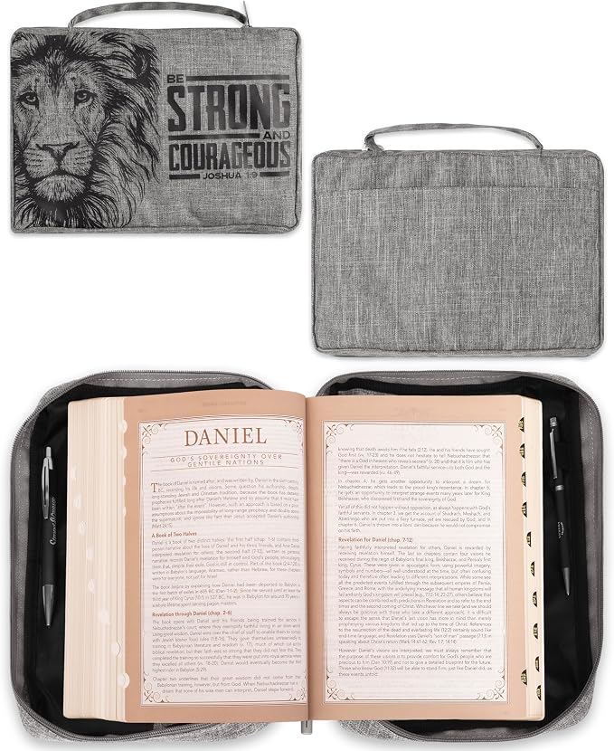 Christian Art Gifts Value Poly-Canvas Bible Cover for Men & Women: Strong & Courageous Bold Lion - Joshua 1:9 Inspirational Scripture with Pocket, Sleeves, Pen Loops, Gray, Medium - Image 6