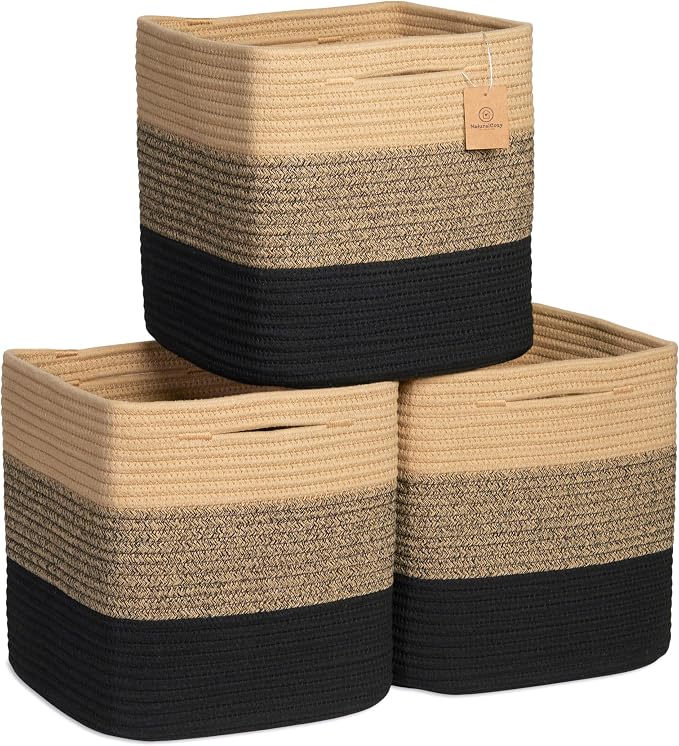 NaturalCozy Storage Cubes 11 Inch Cotton Rope Woven Baskets for Organizing, 3-Pack | Cube Storage Bin | Square Storage Baskets for Shelves Organizer, Classroom, Kids Toy Bins, Closet, Baby Nursery by NaturalCozy